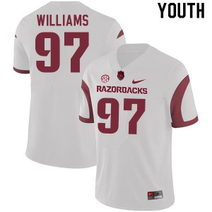 Youth Arkansas Razorbacks Jalen Williams #97 Stitched White Jersey 343839-802