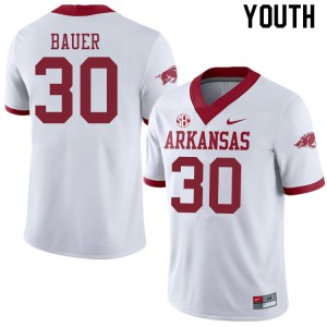 Youth Arkansas Razorbacks Reid Bauer #30 White Official Alternate Jerseys 378844-535