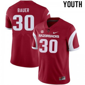 Youth Arkansas Razorbacks Reid Bauer #30 Embroidery Cardinal Jerseys 133439-774