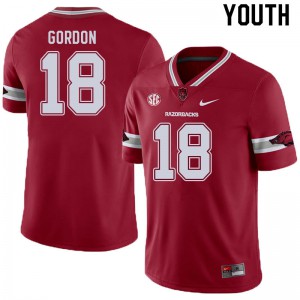 Youth Arkansas Razorbacks Trent Gordon #18 Football Cardinal Alternate Jersey 522525-889