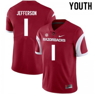 Youth Arkansas Razorbacks KJ Jefferson #1 Football Cardinal Jersey 368949-474