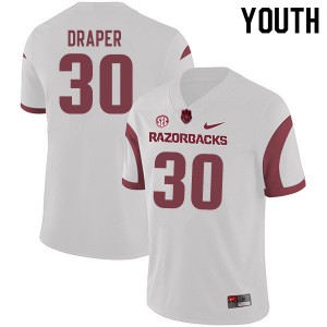 Youth Arkansas Razorbacks Levi Draper #30 Official White Jersey 996143-290